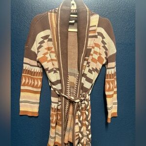 Lovestitch Women’s Long Sleeve Aztec Print Brown & Tan Cardigan Sweater Sz Small